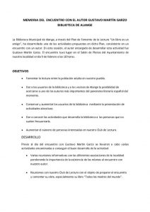 thumbnail of MEMORIA DEL ENCUENTRO CON EL AUTOR GUSTAVO MARTÍN GARZO BIBLIOTECA DE ALANGE